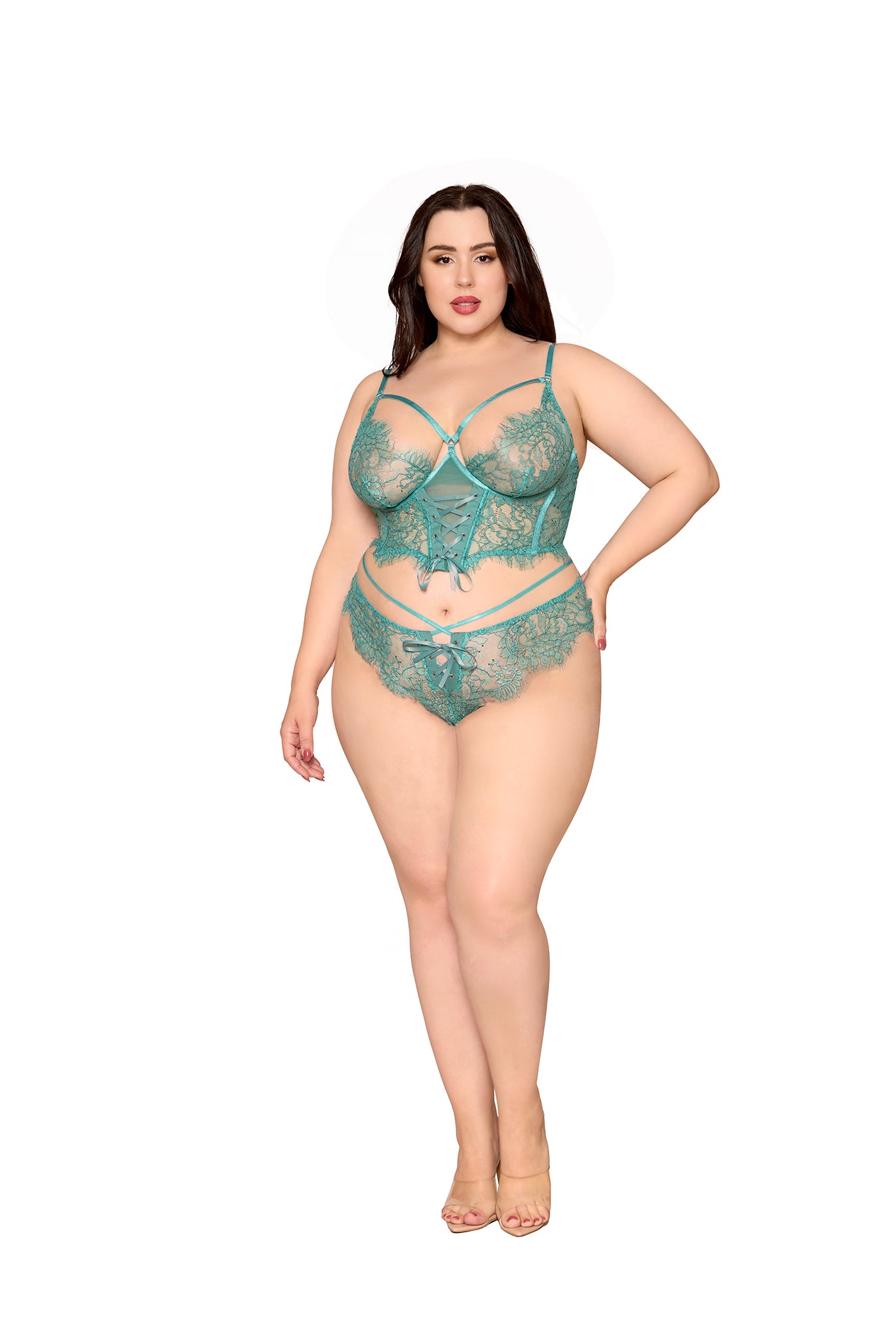 Tease Me Lace Corset Lingerie Set – Emerald Teal